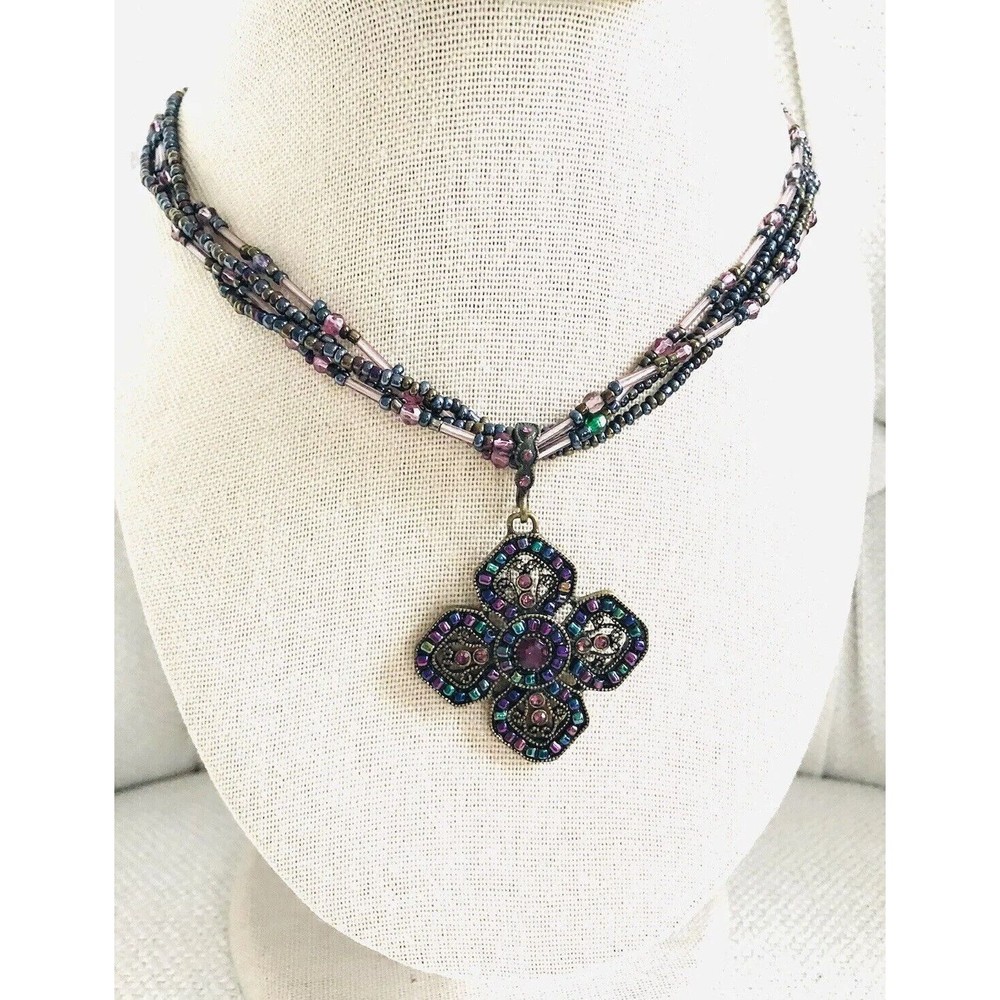 Primer Design PD Signed Beaded Necklace~Filigree Clover Pendant
